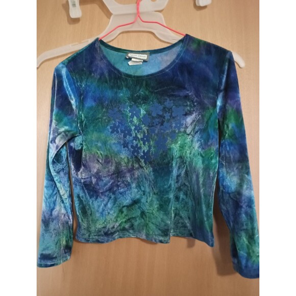 Vtg 90s Aqua Blues Womens Blue Crushed Velvet With Flower Heart Croptop - Size M - Picture 1 of 5